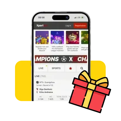Мобильное приложение Xparibet для ставок на спорт и казино на экране смартфона, доступное для скачивания на Android и iOS с бонусом для новых игроков.